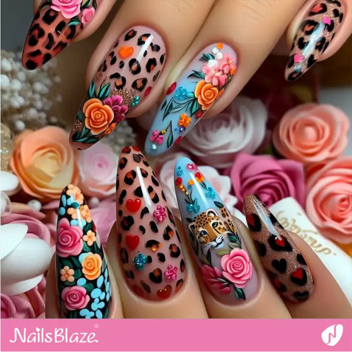 Floral and Leopard Print Nail Design | Animal Print Nails - NB2562